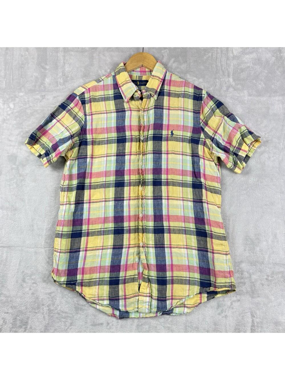 Polo Ralph Lauren Plaid Linen Button Up Shirt Men Medium Preppy Coastal prep Ivy - Picture 2 of 8